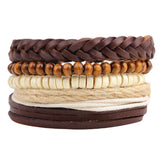 Vintage Wood Beads Bracelet Fashion Hand-knitted Multi-layer Leather Feather Stone Bracelet and Fashion Men's Bracelet Gift