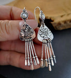 Retro Silver Color Long Tassel Pendant Earrings Fashion Bohemian Antique Women's Imitation Pearls Flower Drop Earrings Jewelry