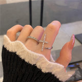 New Gothic Zircon Silvery Cross Shape Opening Ring For Woman Korean Fashion Jewelry Wedding Party Girl's Unusual Sexy Ring Set