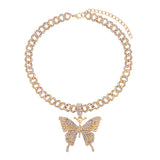Fashion Bling Rhinestone Big Butterfly Pendant Necklace for Women Pink Blue Crystal Cuban Chain Necklace Rapper Rock Jewelry