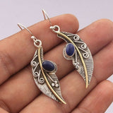 Trendy Retro Silver and Gold Color Carved Pattern Leaves Drop Earrings for Women Creativity Inlaid Purple Stone Party Jewelry