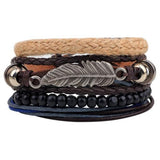 Vintage Wood Beads Bracelet Fashion Hand-knitted Multi-layer Leather Feather Stone Bracelet and Fashion Men's Bracelet Gift