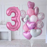 Christmas Gift 15pcs/lot girl Birthday Balloons with 30inch pink Number baloon 3/3rd Birthday Party Decor Kids anniversaire 9/1/3 years old