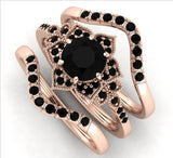 3pcs/set Pretty Women Rose Gold Filling Inlaid Black Stone Zircon Wedding Rings Set Women Bridal Engagement Fashion Jewelry