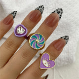 Y2K Style Korean Gold Color Resin Chain Rings Set for Women Fashion Colorful Multilayered Heart Ring Wholesale Jewelry