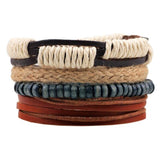 Vintage Wood Beads Bracelet Fashion Hand-knitted Multi-layer Leather Feather Stone Bracelet and Fashion Men's Bracelet Gift