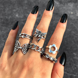 Punk Gothic Heart Ring Set for Women Black Dice Vintage Spades Ace Silver Plated Retro Rhinestone Charm Billiards Finger Jewelry