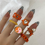 Y2K Style Korean Gold Color Resin Chain Rings Set for Women Fashion Colorful Multilayered Heart Ring Wholesale Jewelry