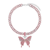 Fashion Bling Rhinestone Big Butterfly Pendant Necklace for Women Pink Blue Crystal Cuban Chain Necklace Rapper Rock Jewelry