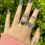 Punk Gothic Heart Ring Set for Women Black Dice Vintage Spades Ace Silver Plated Retro Rhinestone Charm Billiards Finger Jewelry