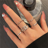 Cifeeo 25Style Bohemian Vintage Gold Color Geometric Square Round Rings Set for Women Black Stone Rings Silver Color Chain Ring Jewelry