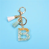 Fashion 26 Letters Resin Keychains for Women Gold Foil Pendant Charms Accessories Tassel Key Rings