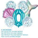 7pcs Mermaid Shell 32inch Number Balloons Teal Blue Purple Ballons Summer Hawaii Mermaid Party Decoration Kids Birthday Supplies