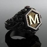 Cifeeo Classic Retro Black Men Rings Gold Filling Carving M Letter Signet Steampunk Rings for Men Birhday Gift Party Gothic Jewelry