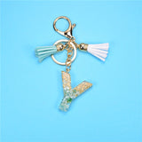 Fashion 26 Letters Resin Keychains for Women Gold Foil Pendant Charms Accessories Tassel Key Rings