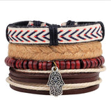 Vintage Wood Beads Bracelet Fashion Hand-knitted Multi-layer Leather Feather Stone Bracelet and Fashion Men's Bracelet Gift