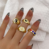 Y2K Style Korean Gold Color Resin Chain Rings Set for Women Fashion Colorful Multilayered Heart Ring Wholesale Jewelry