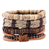 Vintage Wood Beads Bracelet Fashion Hand-knitted Multi-layer Leather Feather Stone Bracelet and Fashion Men's Bracelet Gift