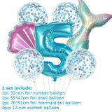 7pcs Mermaid Shell 32inch Number Balloons Teal Blue Purple Ballons Summer Hawaii Mermaid Party Decoration Kids Birthday Supplies