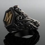 Cifeeo Classic Retro Black Men Rings Gold Filling Carving M Letter Signet Steampunk Rings for Men Birhday Gift Party Gothic Jewelry