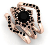 3pcs/set Pretty Women Rose Gold Filling Inlaid Black Stone Zircon Wedding Rings Set Women Bridal Engagement Fashion Jewelry