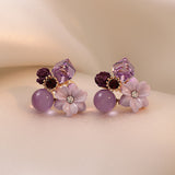 Graduation Gift Noble Purple Crystal Flower Stud Earrings For Woman 2021 Korean Fashion Jewelry Wedding Party Girl's Elegance Set Accessories