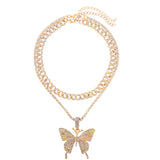 Fashion Bling Rhinestone Big Butterfly Pendant Necklace for Women Pink Blue Crystal Cuban Chain Necklace Rapper Rock Jewelry