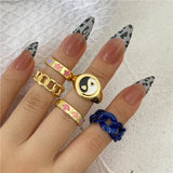 Y2K Style Korean Gold Color Resin Chain Rings Set for Women Fashion Colorful Multilayered Heart Ring Wholesale Jewelry