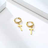 Christmas Gift Dainty Minimalist Gold Color Dangling Cross Shaped Charm Huggie Pierced Hoop Earrings For Guy Men Women Jewelry