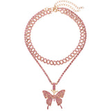 Fashion Bling Rhinestone Big Butterfly Pendant Necklace for Women Pink Blue Crystal Cuban Chain Necklace Rapper Rock Jewelry