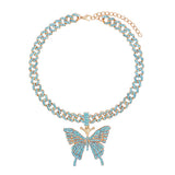 Fashion Bling Rhinestone Big Butterfly Pendant Necklace for Women Pink Blue Crystal Cuban Chain Necklace Rapper Rock Jewelry