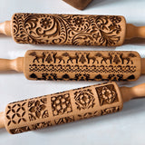 Christmas Pattern Rolling pin Wooden Embossing Biscuit Fondant Baking Tools Reindeer Dough Engraved Roller Trees Socks Bells