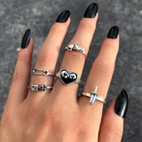 Punk Gothic Heart Ring Set for Women Black Dice Vintage Spades Ace Silver Plated Retro Rhinestone Charm Billiards Finger Jewelry