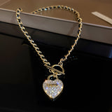 Cifeeo Trendy Fine 14K Gold Plated Lucky Number 7 Heart Lock Pendant Necklace for Women Girl T-shaped Buckle Chain Jewelry AAA Zirconia