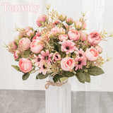 Christmas Gift Silk Rose Pink Artificial Flowers Bouquet High Quality Plastic Accessories Home Living Room Wedding Table Decoration Fake Flower