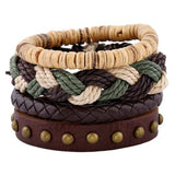 Vintage Wood Beads Bracelet Fashion Hand-knitted Multi-layer Leather Feather Stone Bracelet and Fashion Men's Bracelet Gift