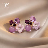 Graduation Gift Noble Purple Crystal Flower Stud Earrings For Woman 2021 Korean Fashion Jewelry Wedding Party Girl's Elegance Set Accessories