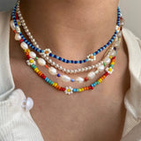 Cifeeo Trendy Bead Strand Beaded Choker Necklace For Women Bohemian Colorful Handmade Short Daisy Pearl Necklace Collar Jewelry
