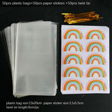 50/100sets Transparent Plastic Bag Bread Candy Lollipop  Packaging Bags Cellophane Treats Bags with Twist Tie Rainbow Stickers