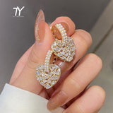 Luxury Crystal Heart-Shaped Pendant Gold Drop Earrings Korean Fashion Jewelry Wedding Girl's Exquisite Set Accessories For Woman