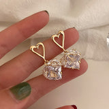 Cifeeo Trendy 14K Real Gold Crystal Heartearrings for Women Accessories Korean Fashion Jewelry S925 Silver Needle Shiny Zircon Ins Gift