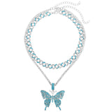 Fashion Bling Rhinestone Big Butterfly Pendant Necklace for Women Pink Blue Crystal Cuban Chain Necklace Rapper Rock Jewelry