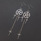 Christmas Gift Pentagram Swords Earrings Silver Plated Huggie Hoops Dangle Witchy Jewelry Pagan Wiccan Tarot Gothic Emo Women Gift