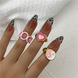 Y2K Style Korean Gold Color Resin Chain Rings Set for Women Fashion Colorful Multilayered Heart Ring Wholesale Jewelry