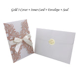 50pcs Blue Gold Silver Glitter Paper Laser Cut Wedding Invitations Card Custom Printable With Ribbon Envelope Wedding Decoration