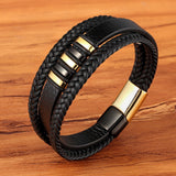 Christmas Gift New 3 Layers Black Gold Punk Style Design Genuine Leather Bracelet for Men Steel Magnetic Button Birthday Gift Male Bracelets