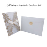 50pcs Blue Gold Silver Glitter Paper Laser Cut Wedding Invitations Card Custom Printable With Ribbon Envelope Wedding Decoration