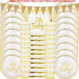 WEIGAO Baby Shower Decorations Gold Oh Baby Disposable Plate Cup Napkins Straws Set Baby Shower Boy Girl Event Party Supplies