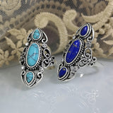 Cifeeo  Retro Ring Creative Hollow Out Carved Lapis Lazuli Flower Band Vintage Filigree Ring Boho Ethnic Jewelry Male Women