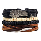 Vintage Wood Beads Bracelet Fashion Hand-knitted Multi-layer Leather Feather Stone Bracelet and Fashion Men's Bracelet Gift